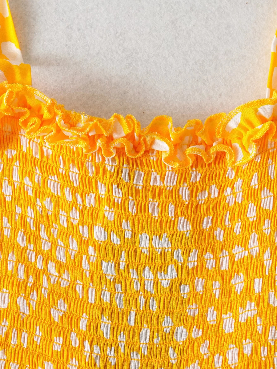 Fashion Yellow Polka-dot Print Lace-up Dress,Long Dress