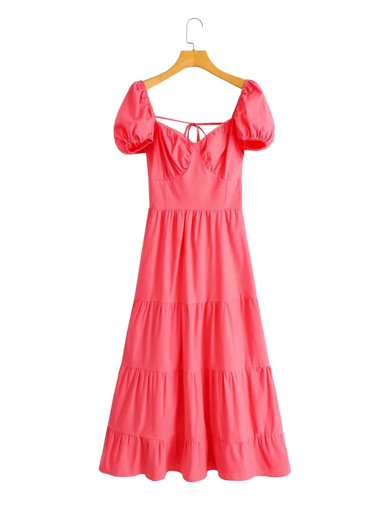 Fashion Rose Red Puff Sleeve Square Neck Swing Dress,Long Dress