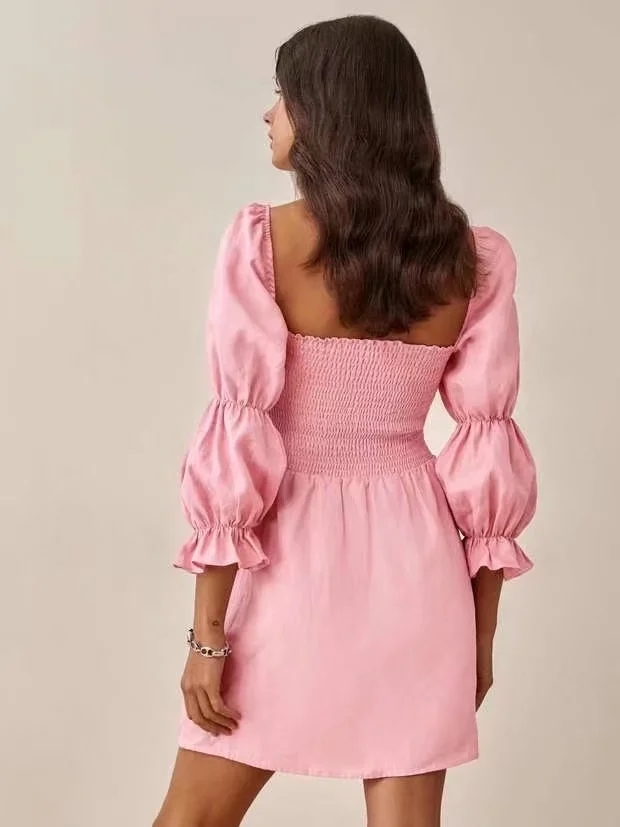 Fashion Pink Square Neck Swept Dress,Mini & Short Dresses