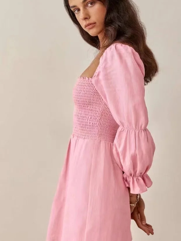 Fashion Pink Square Neck Swept Dress,Mini & Short Dresses