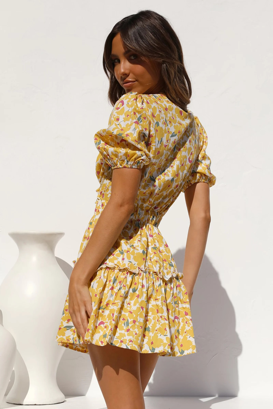 Fashion Yellow Flower Printed V-neck Cutout Dress,Mini & Short Dresses
