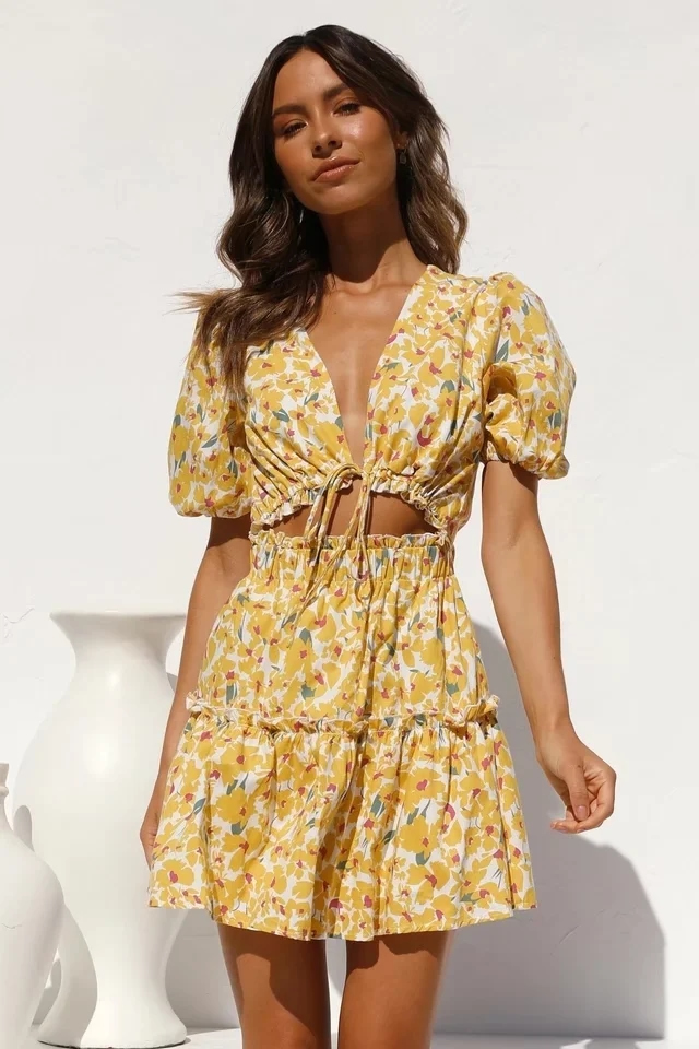 Fashion Yellow Flower Printed V-neck Cutout Dress,Mini & Short Dresses