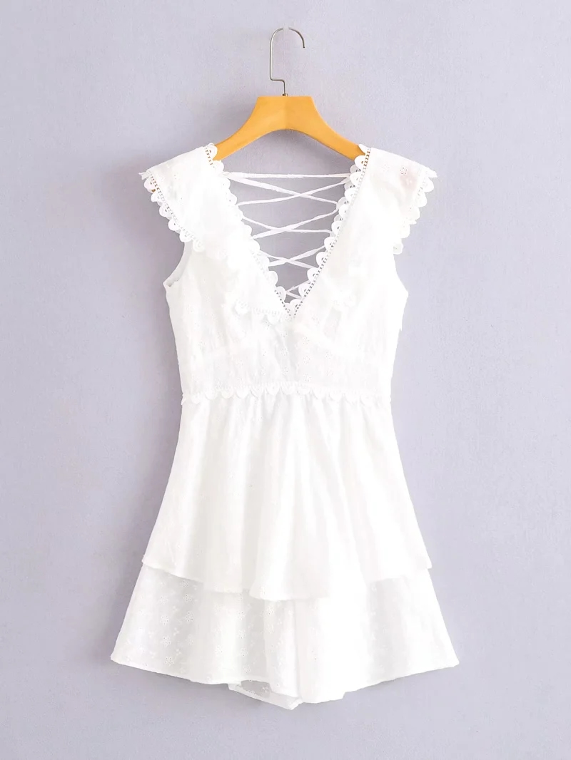 Fashion White Cotton Embroidered Playsuit,Tank Tops & Camis