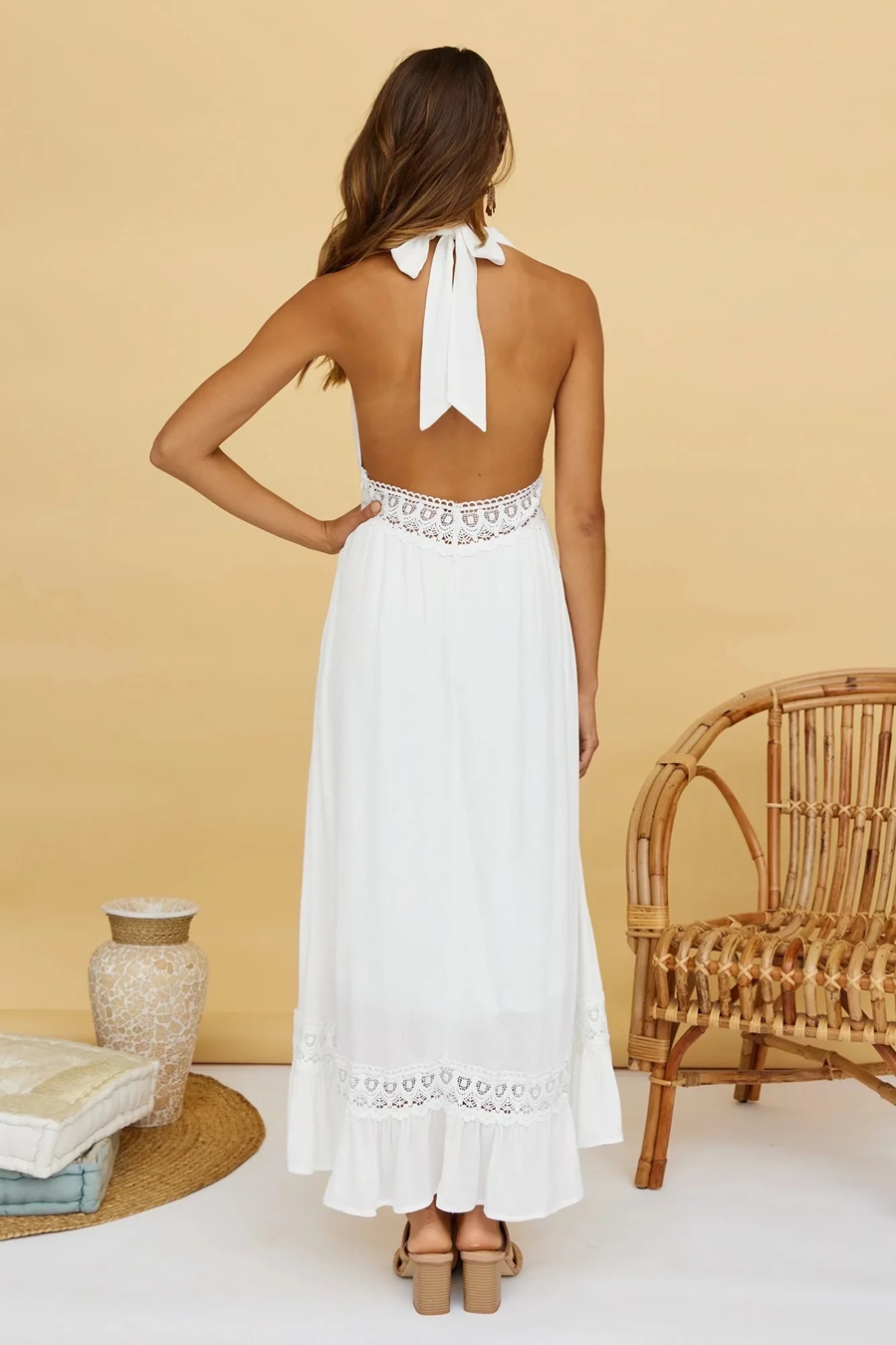 Fashion White Lace Halterneck Maxi Dress,Long Dress