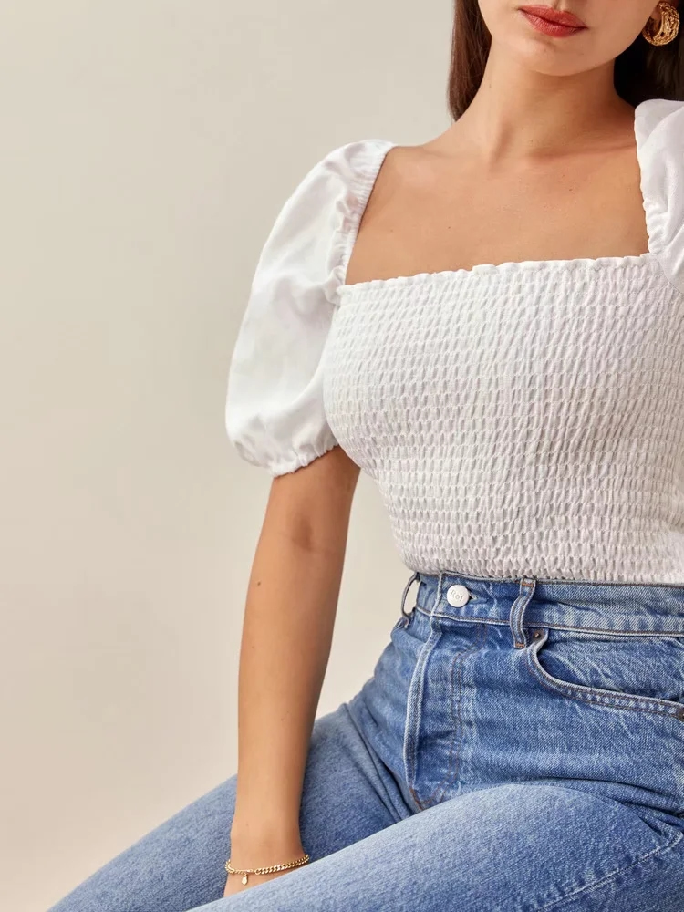Fashion White Square Neck Swept Crop Top,Blouses