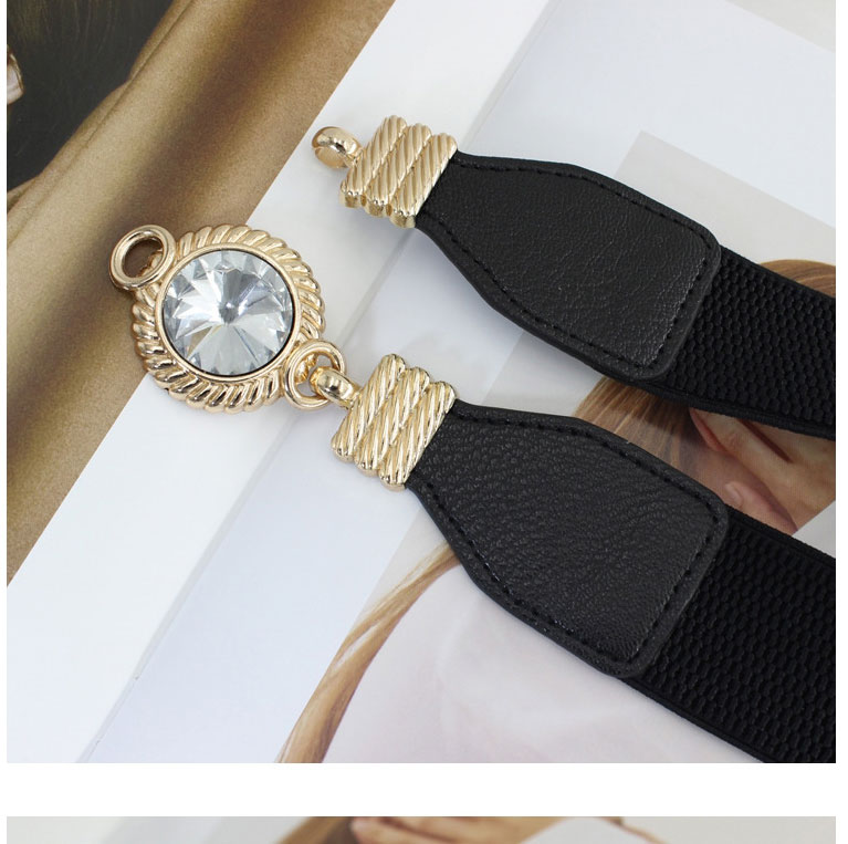 Fashion Black Faux Leather Elasticated Elastic Belt With Diamonds,Wide belts
