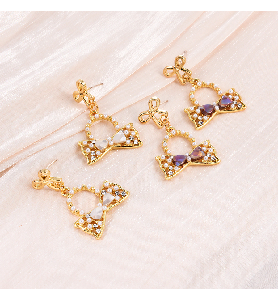 Fashion Purple Alloy Diamond Pearl Bow Stud Earrings,Stud Earrings
