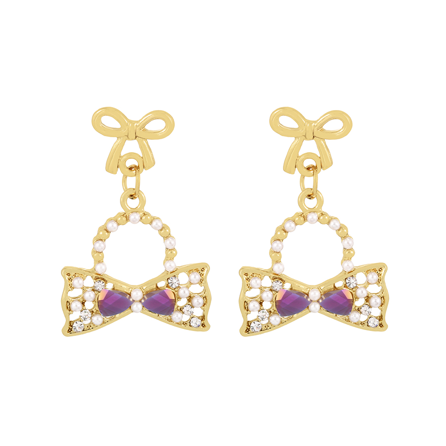 Fashion Purple Alloy Diamond Pearl Bow Stud Earrings,Stud Earrings
