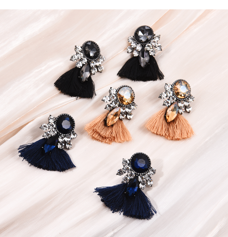Fashion Khaki Alloy Diamond Waterdrop Tassel Stud Earrings,Stud Earrings