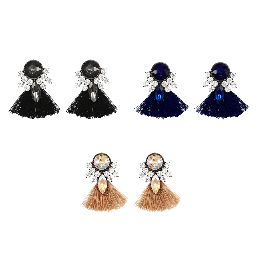 Fashion Khaki Alloy Diamond Waterdrop Tassel Stud Earrings,Stud Earrings