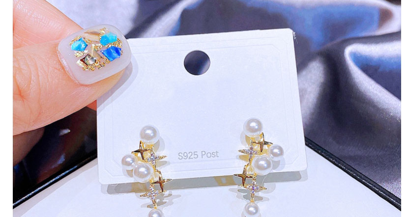 Fashion Gold Color Bronze Zirconium Star Pearl Drop Earrings,Earrings