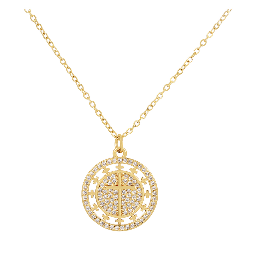 Fashion Gold Bronze Zirconium Round Openwork Cross Necklace,Necklaces