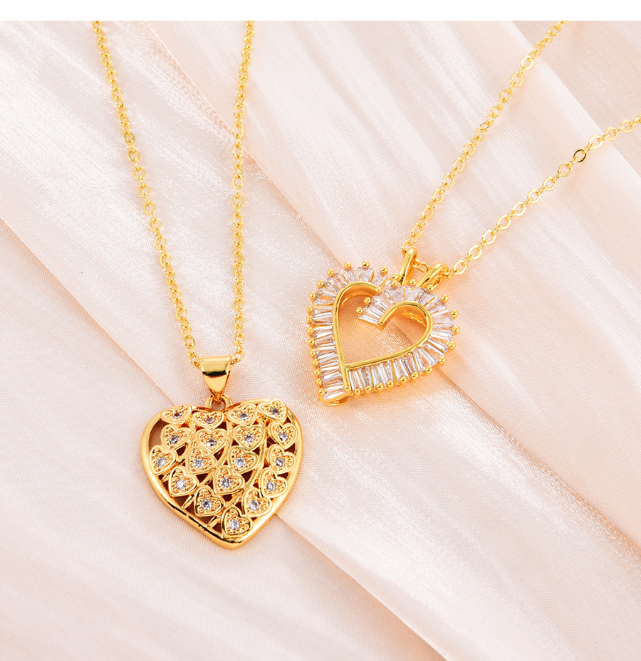 Fashion Gold-2 Bronze Zirconium Cutout Heart Necklace,Necklaces