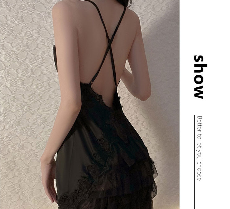Fashion Lotus Root Starch Deep V Mesh See-through Suspender Nightdress,SLEEPWEAR & UNDERWEAR