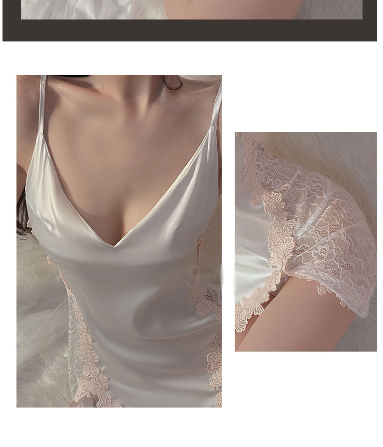 Fashion White Lace Sheer Slit Nightdress,SLEEPWEAR & UNDERWEAR