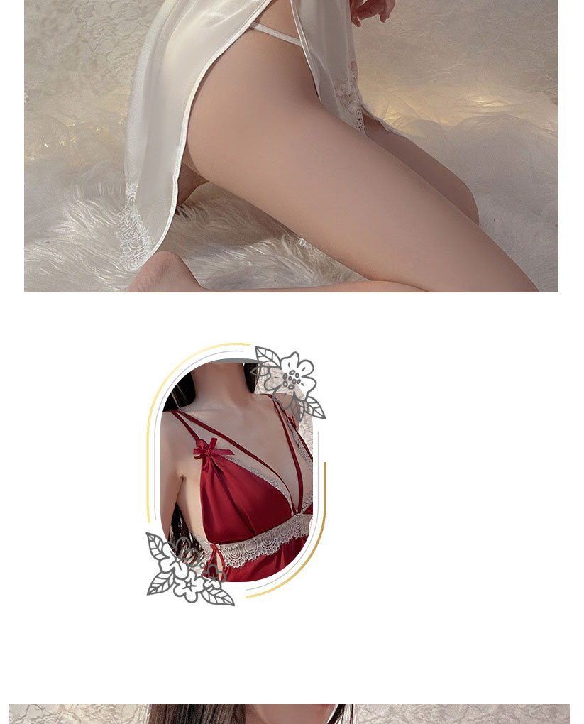 Fashion Maroon Slit Satin Lace Nightdress Set,SLEEPWEAR & UNDERWEAR