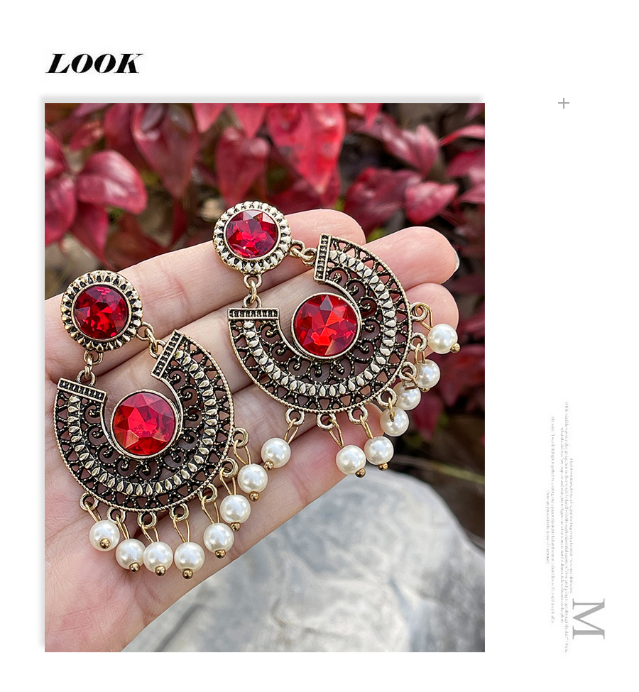 Fashion Red Alloy Diamond Pattern Tassel Pearl Stud Earrings,Stud Earrings