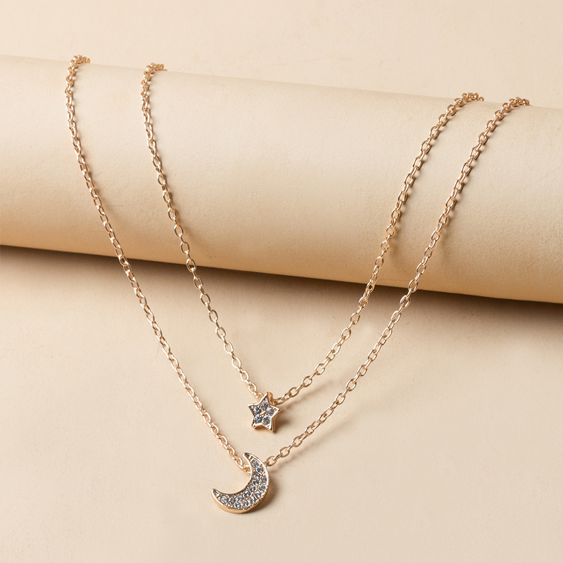 Fashion Silver Alloy Diamond Star Moon Double Layer Necklace,Multi Strand Necklaces