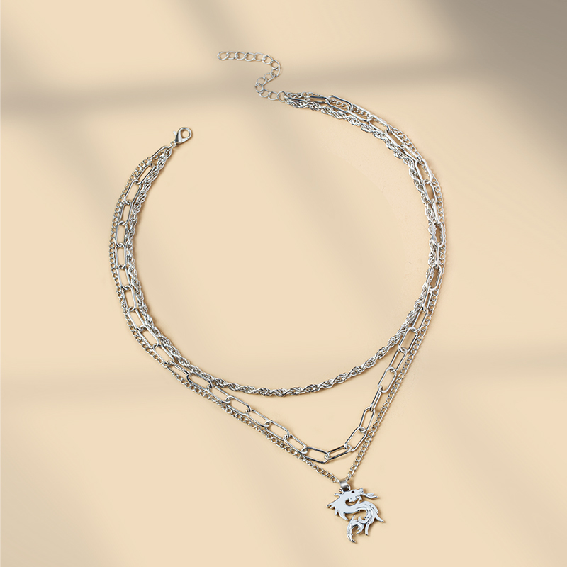Fashion Silver Alloy Dragon Thick Chain Multilayer Necklace,Multi Strand Necklaces