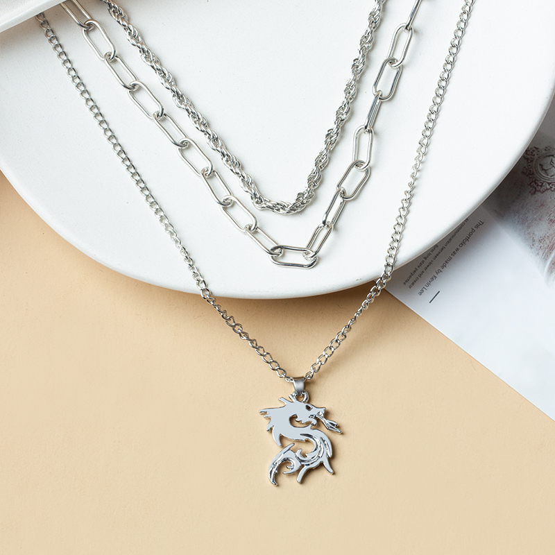 Fashion Silver Alloy Dragon Thick Chain Multilayer Necklace,Multi Strand Necklaces