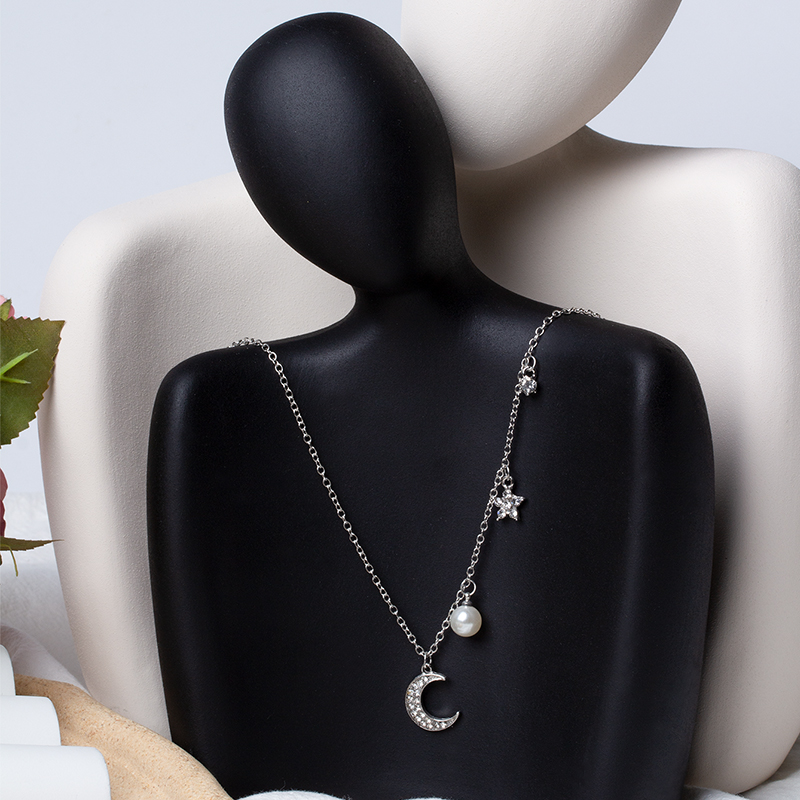 Fashion Silver Alloy Diamond Star Moon Pearl Necklace,Pendants