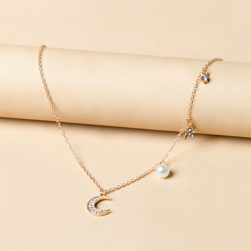 Fashion Silver Alloy Diamond Star Moon Pearl Necklace,Pendants
