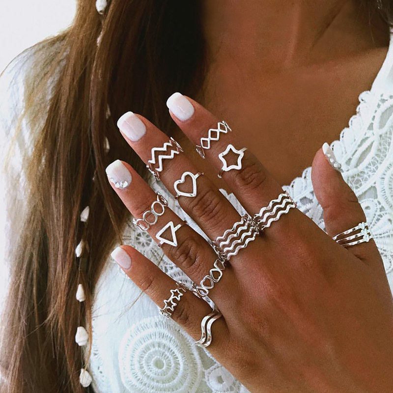 Fashion Silver Metal Wavy Heart Pentagram Cutout Ring Set,Jewelry Sets