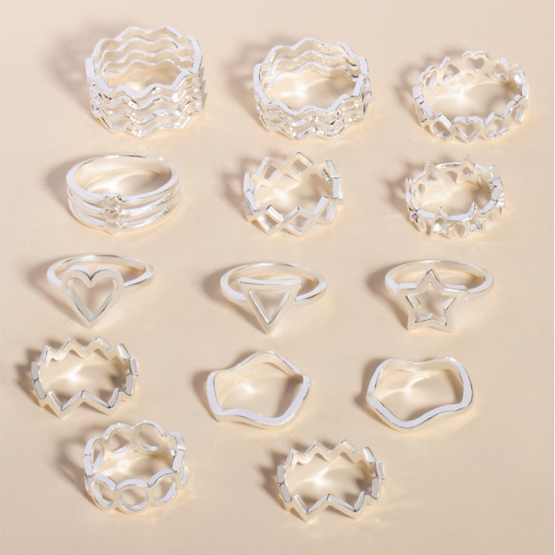Fashion Silver Metal Wavy Heart Pentagram Cutout Ring Set,Jewelry Sets