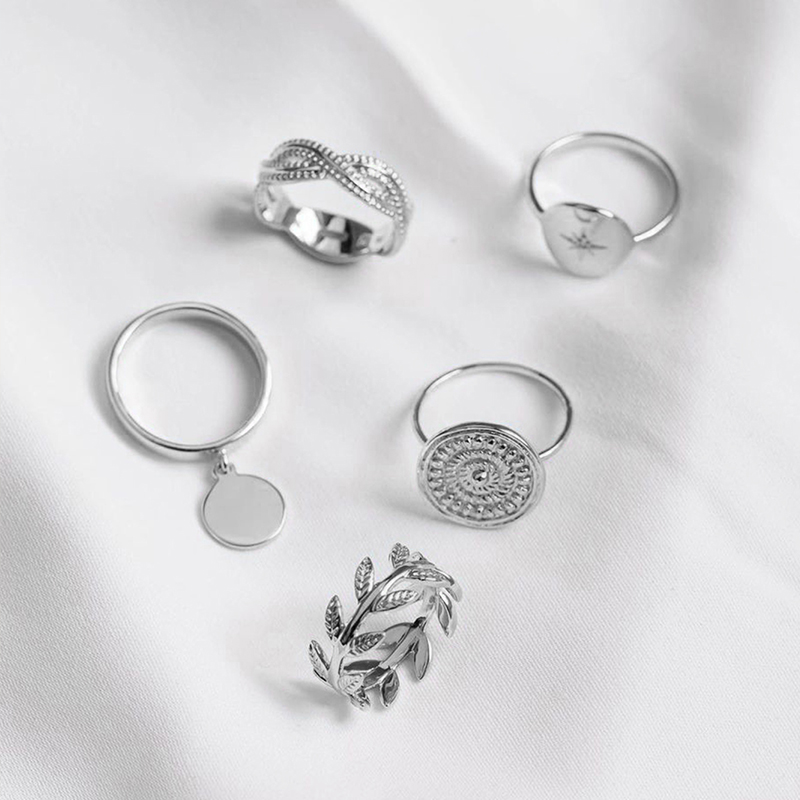Fashion Silver Metal Leaf Disc Geometric Ring Set,Jewelry Sets