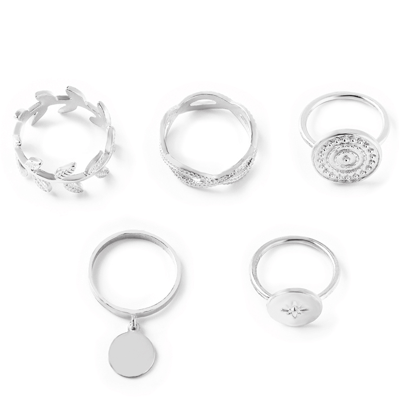 Fashion Silver Metal Leaf Disc Geometric Ring Set,Jewelry Sets
