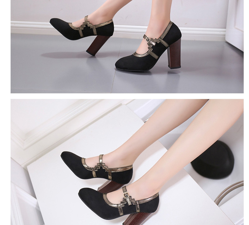 Fashion Black Velvet Mary Jane Stitching Contrast High-heeled Shoes,Slippers