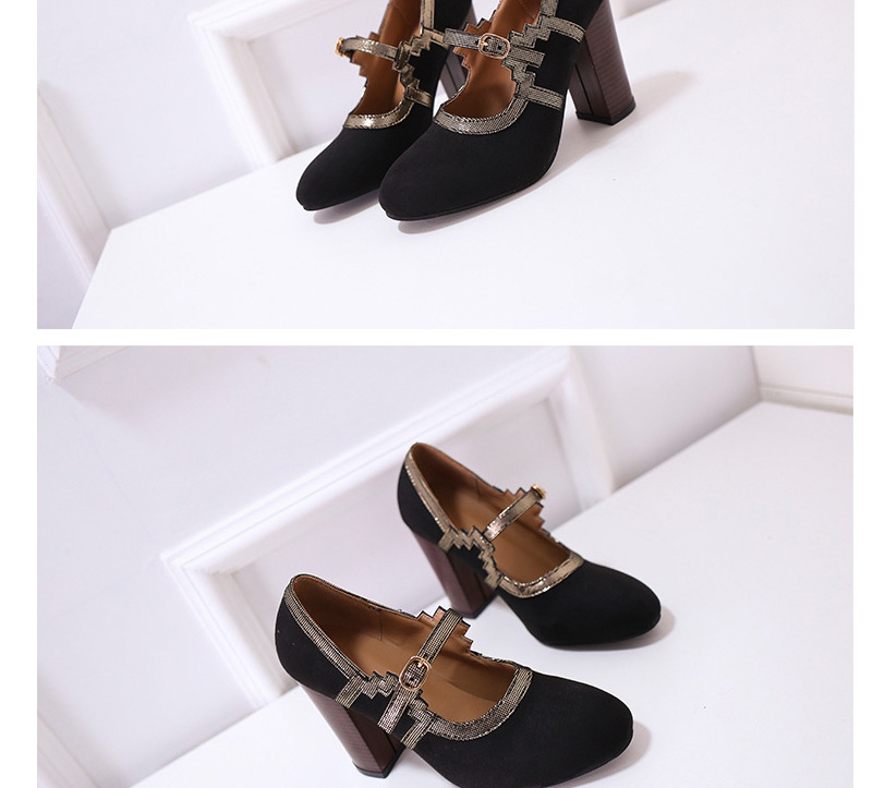 Fashion Black Velvet Mary Jane Stitching Contrast High-heeled Shoes,Slippers