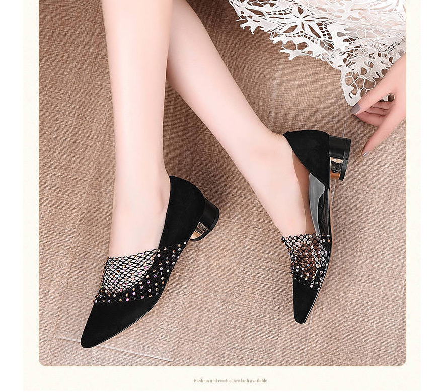 Fashion Black Thick-heel Pointed-toe Mesh Rhinestone Shoes,Slippers