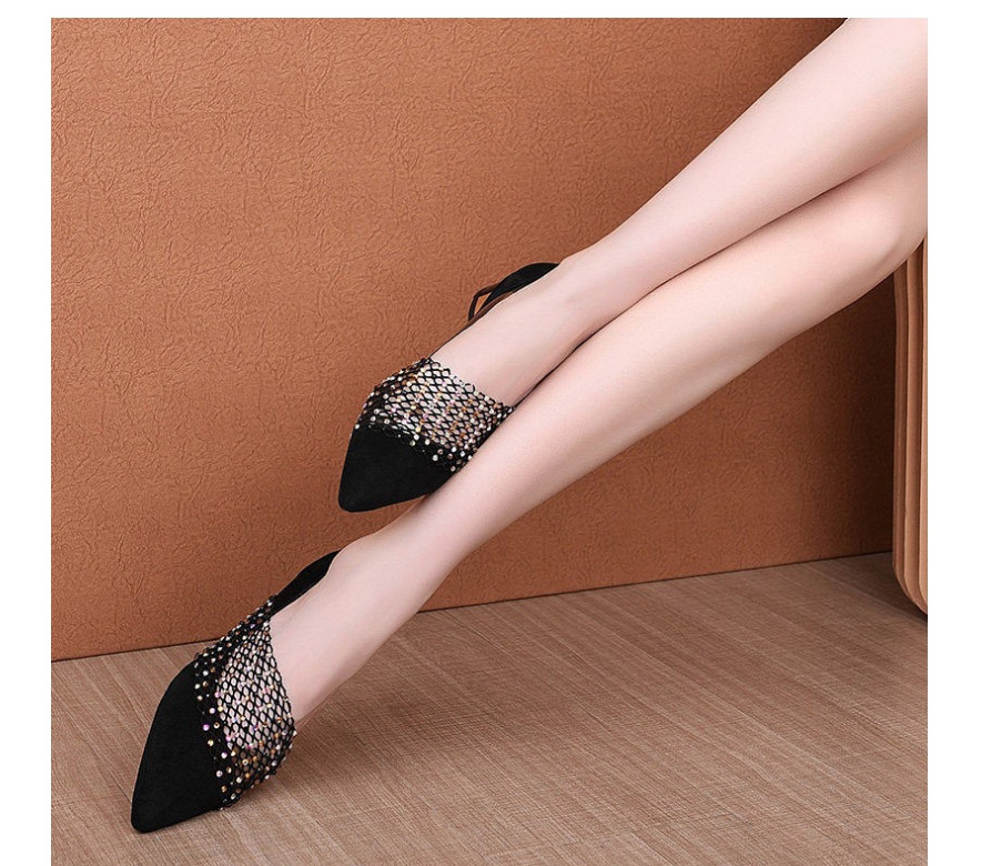 Fashion Black Thick-heel Pointed-toe Mesh Rhinestone Shoes,Slippers