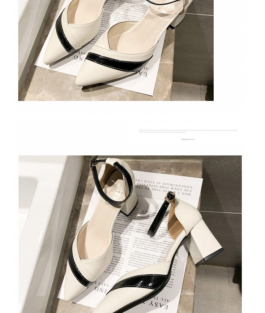 Fashion Creamy-white Block-heel Buckle Baotou Pointed High Heels,Slippers