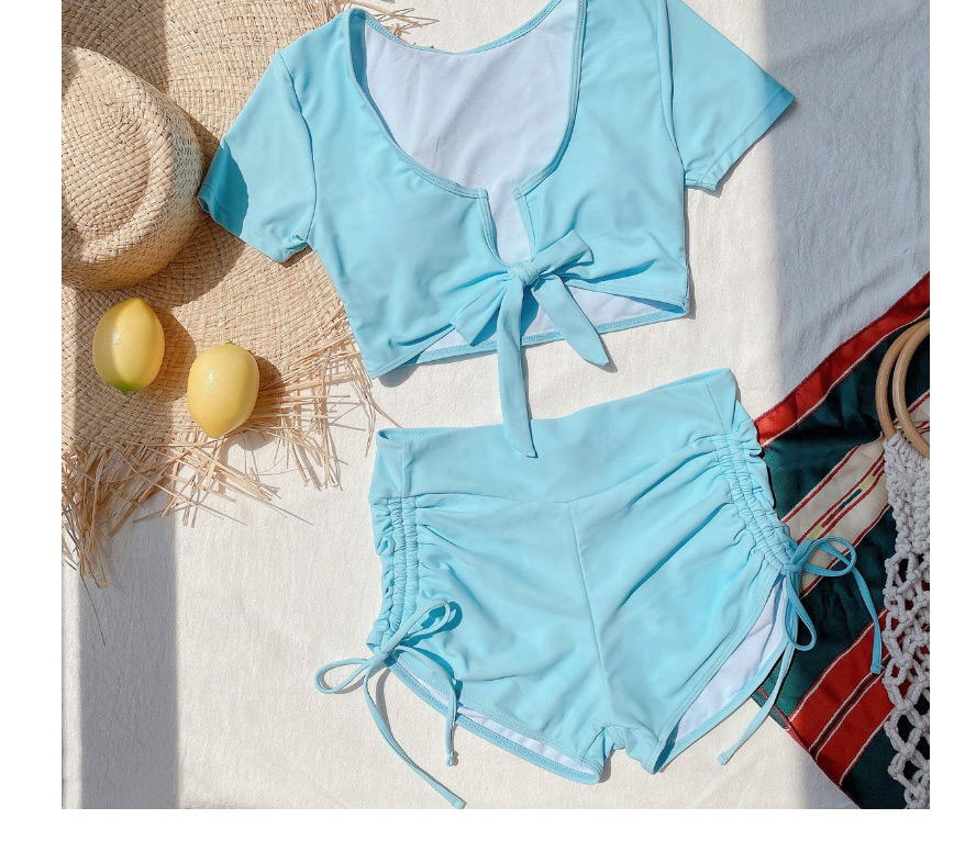 Fashion Blue Short Sleeve High Waist Drawstring Swimsuit,Swimwear Sets