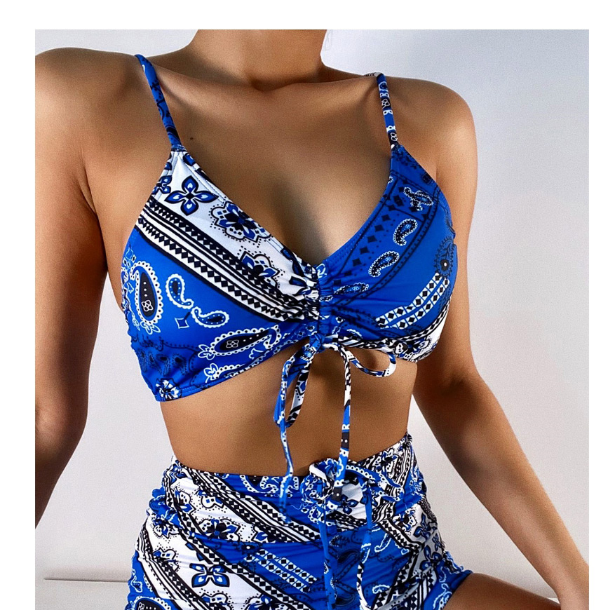 Fashion Blue High Waist Drawstring Split Swimsuit,Bikini Sets