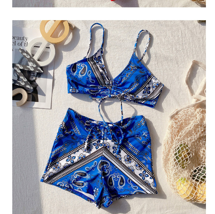 Fashion Blue High Waist Drawstring Split Swimsuit,Bikini Sets