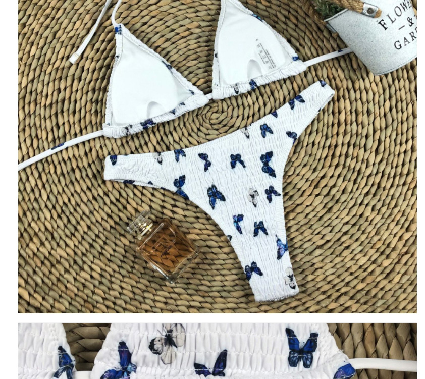Fashion White Triangle Gather Tether Butterfly Print Open Back Low Waist Split Swimsuit,Bikini Sets