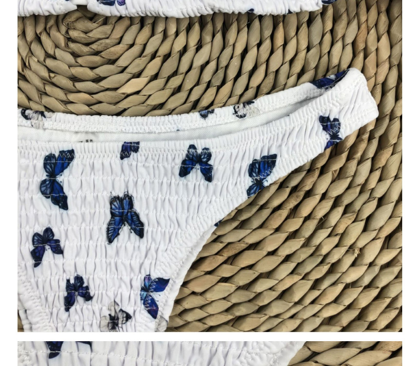 Fashion White Triangle Gather Tether Butterfly Print Open Back Low Waist Split Swimsuit,Bikini Sets