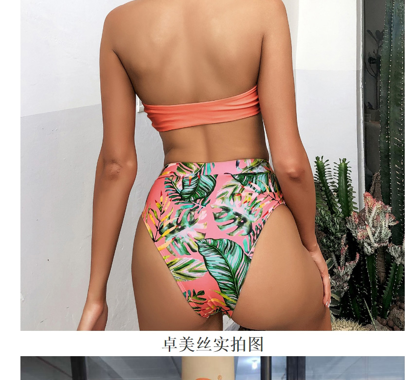 Fashion Pink Tube Top Gathered Print High Waist Open Back Split Swimsuit,Bikini Sets