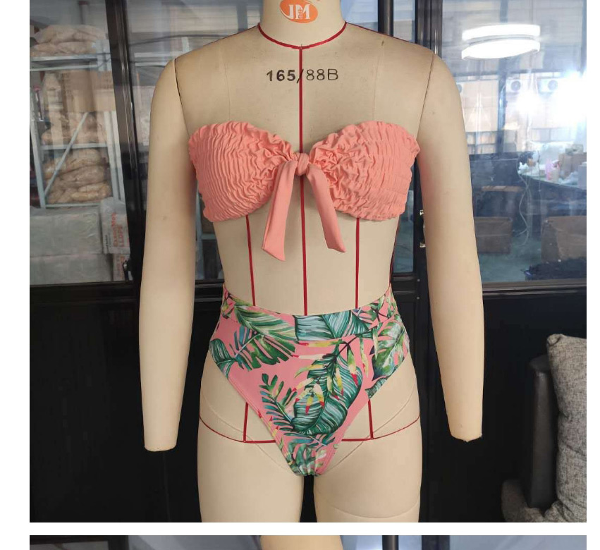 Fashion Pink Tube Top Gathered Print High Waist Open Back Split Swimsuit,Bikini Sets