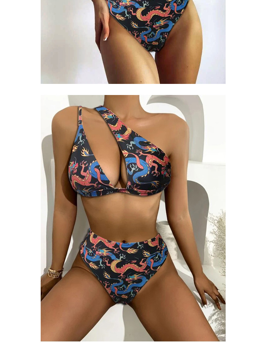 Fashion Orange Dragon Print Triangle Gather One-shoulder Split Swimsuit,Bikini Sets