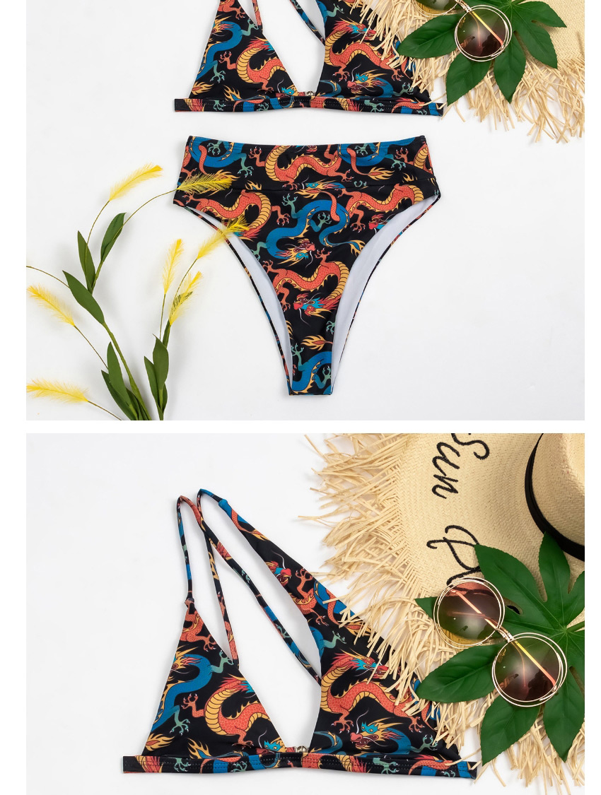 Fashion Orange Dragon Print Triangle Gather One-shoulder Split Swimsuit,Bikini Sets