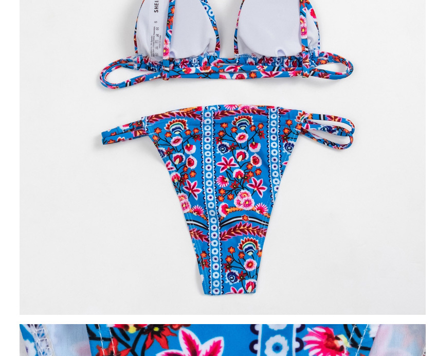Fashion Blue Printed Deep V Triangle Gather Open Back Tether Split Swimsuit,Bikini Sets