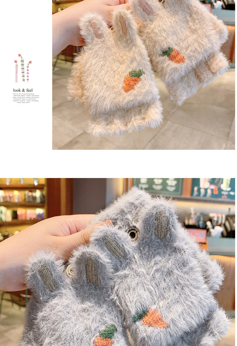 Fashion Apricot Elk[5-12 Years Old] Plush Thickened Clamshell Fruit Embroidery Children Gloves,Gloves