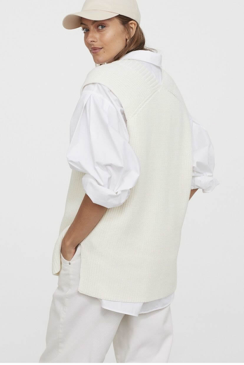 Fashion White V-neck Solid Color Wool Knit Vest,Sweater