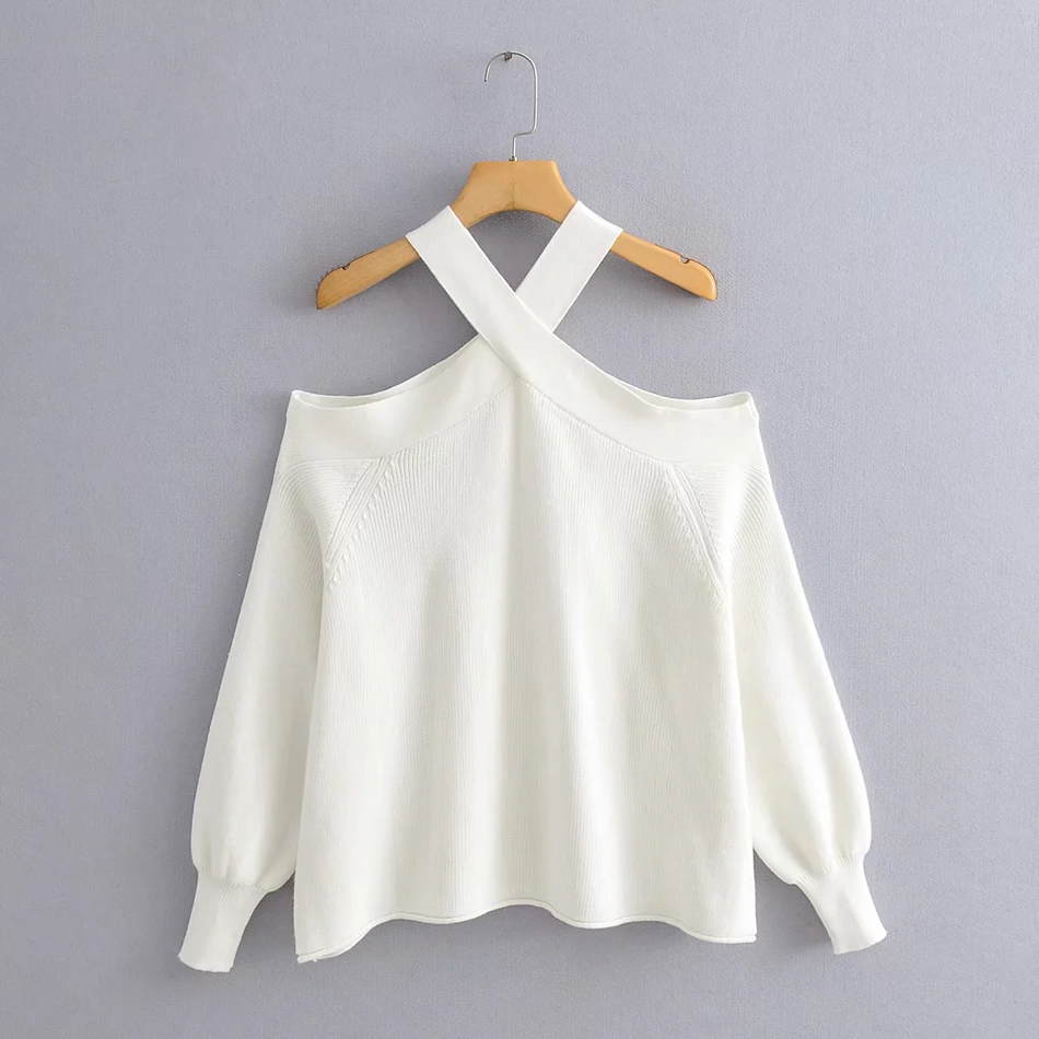 Fashion White Cross Solid Color Off-shoulder Loose Knit Sweater,Sweater