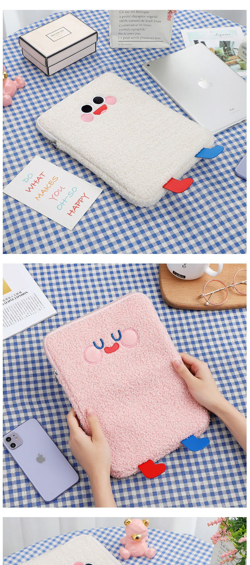 Fashion Pink Plush Big Eyes Embroidered Tablet Bag 11 Inch 10.5 Inch 9.7 Inch Inner Liner,Computer supplies