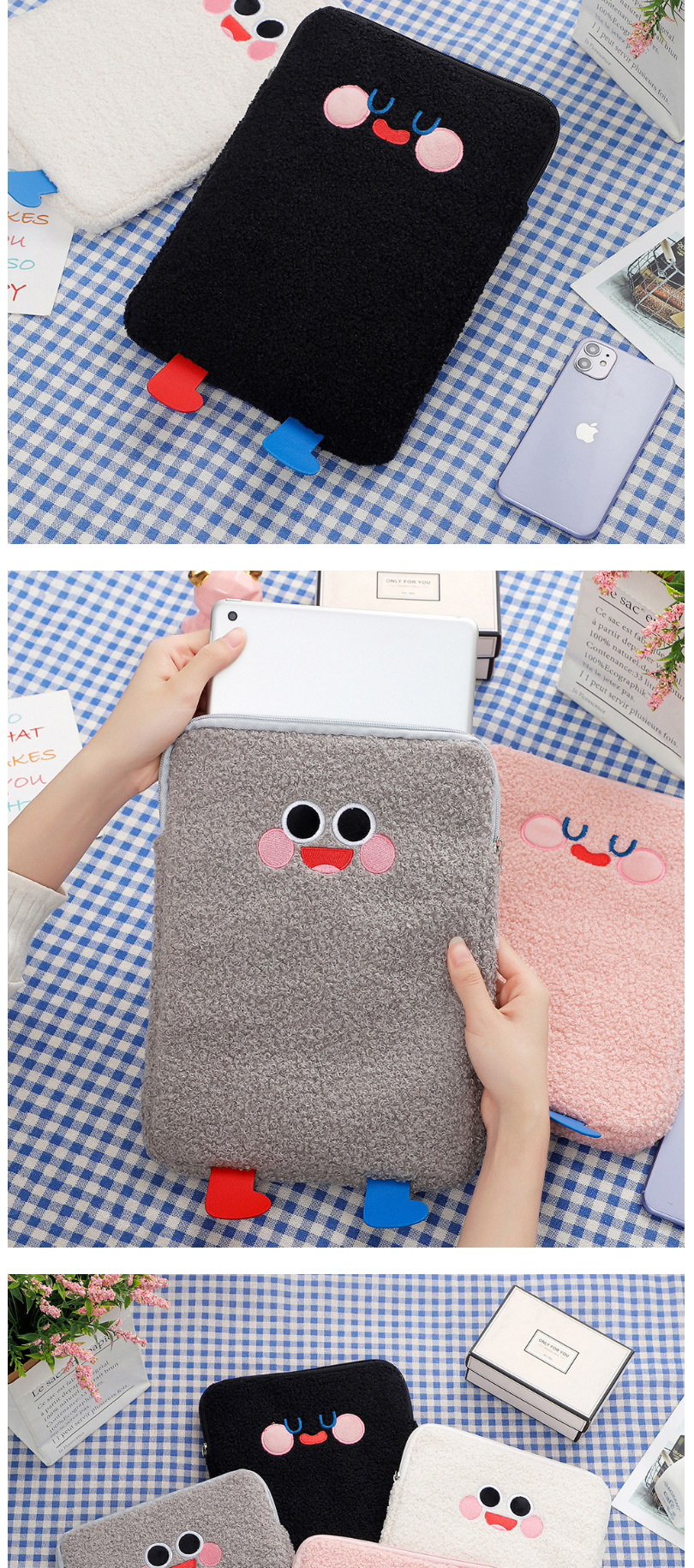 Fashion Gray Plush Big Eyes Embroidered Tablet Bag 11 Inch 10.5 Inch 9.7 Inch Inner Liner,Computer supplies